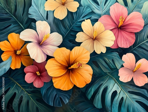 Wallpaper Mural An illustration with white base and soft Hawaiian flowers and palm leaves in pastel tones for a relaxed summer mood Torontodigital.ca