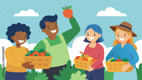 Harvest Day Community members harvesting vegetables from raised beds with baskets full of produce and smiles embodying the joy of sharing their bounty.