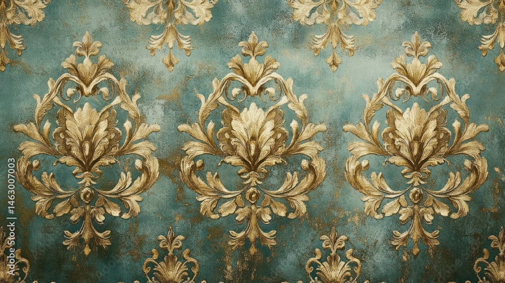 ornate golden damask floral pattern on textured teal background evoking vintage elegance