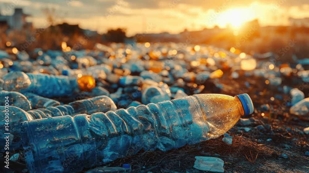 Discarded plastic bottles littering the ground with sunlight in the background, conveying environmental pollution and waste accumulation