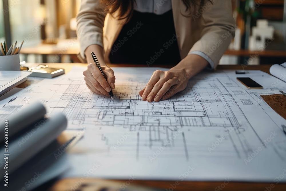 Person working on detailed architectural blueprints at a desk with focused attention on drawing and planning