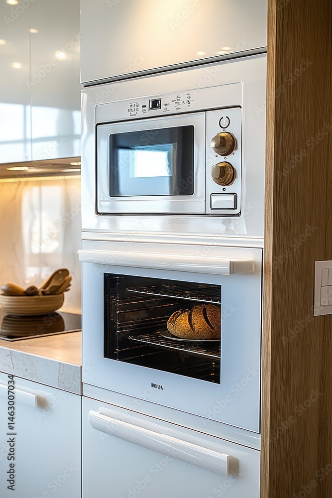 Modern kitchen corner with built-in microwave and oven baking fresh bread, bright and clean interior with wood and marble accents