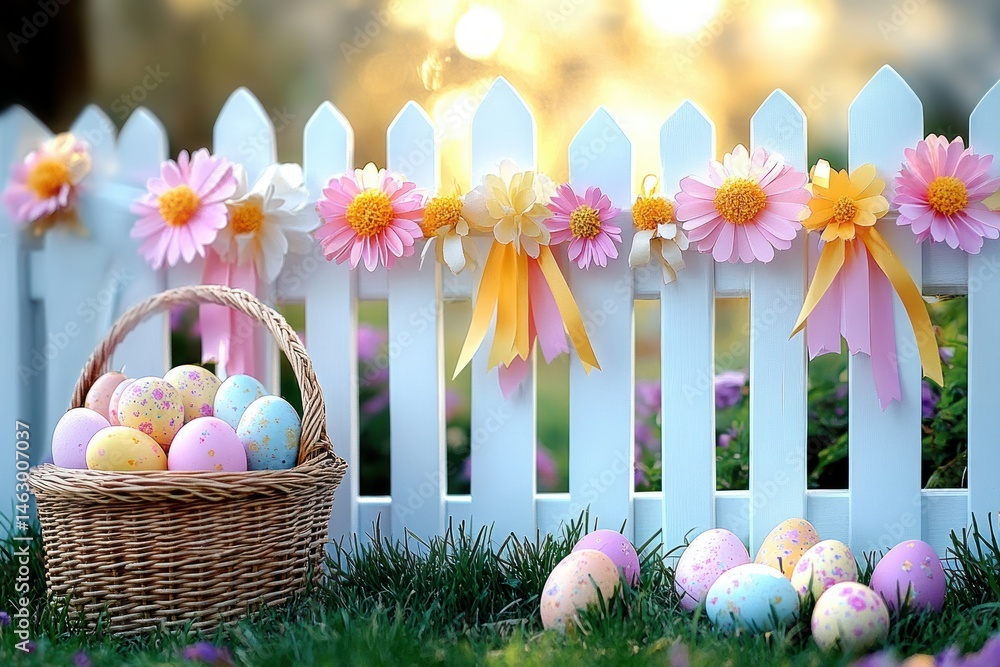 Colorful painted Easter eggs in a wicker basket and scattered on grass in front of a white picket fence decorated with pink, yellow, and orange flowers and ribbons during golden hour