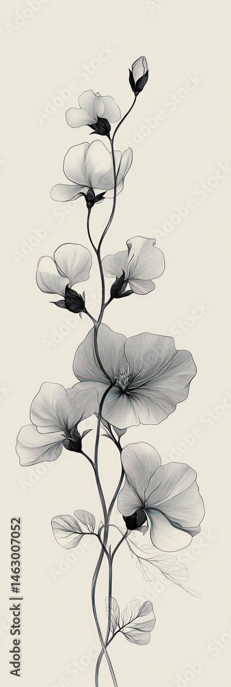 Delicate monochrome illustration of a tall slender floral stem with multiple translucent petals and fine veined leaves on a light background