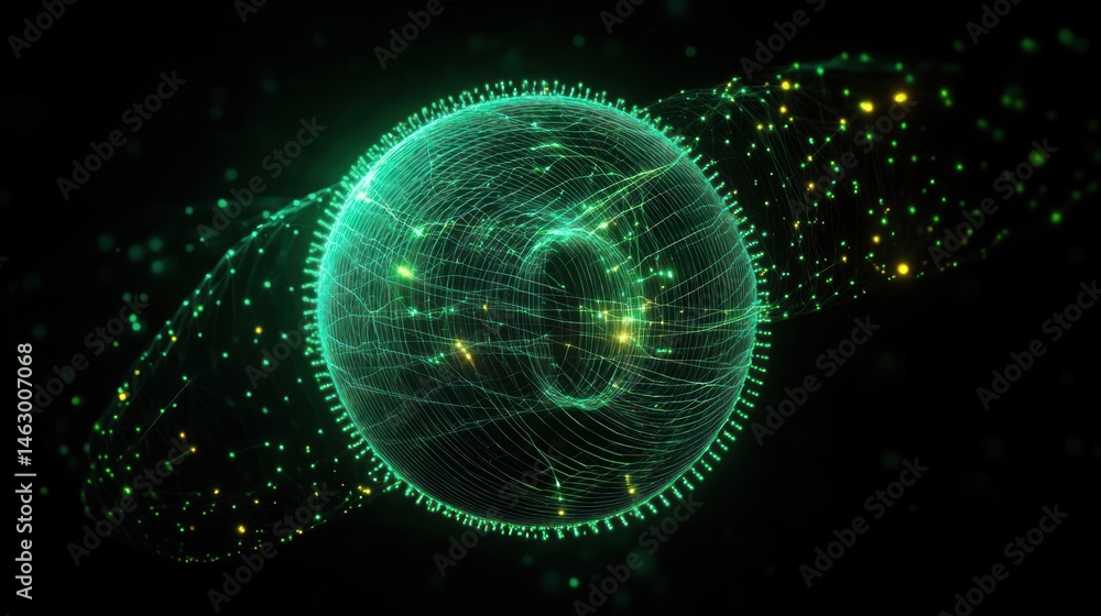 Glowing green digital sphere surrounded by interconnected luminous mesh and particles on a dark background conveying technology and data flow