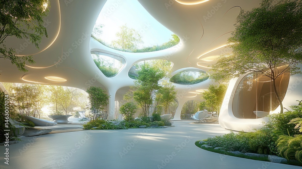 Futuristic architectural interior with smooth white curves, large circular skylights bringing natural light, lush greenery and trees integrated into the space, peaceful atmosphere