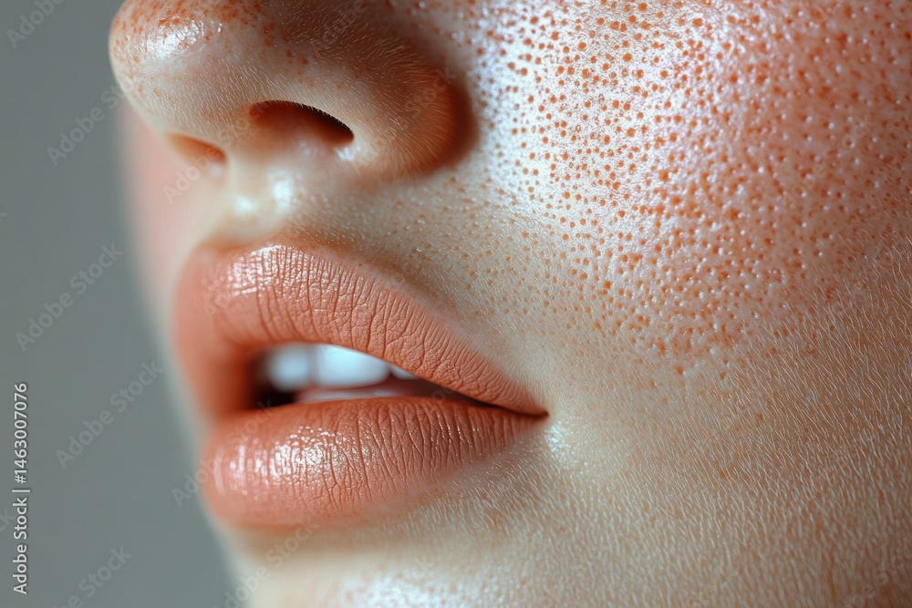 Close-up of a face showcasing detailed skin texture with visible pores, smooth lips with nude lipstick, and light skin tone