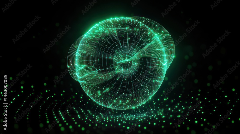 Glowing green digital wireframe model of a nautilus shell floating above a dotted grid against a black background, representing futuristic technology and data visualization