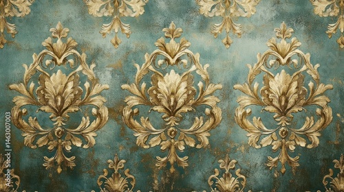 Obraz na płótnie ornate golden damask floral pattern on textured teal background evoking vintage elegance w salonie
