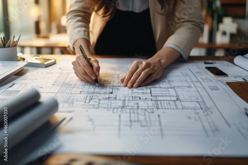 Obraz na płótnie Person working on detailed architectural blueprints at a desk with focused attention on drawing and planning w salonie