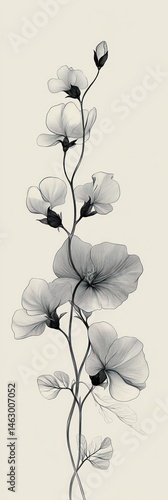 Obraz na płótnie Delicate monochrome illustration of a tall slender floral stem with multiple translucent petals and fine veined leaves on a light background w salonie