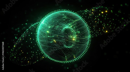 Obraz na płótnie Glowing green digital sphere surrounded by interconnected luminous mesh and particles on a dark background conveying technology and data flow w salonie