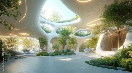 Obraz na płótnie Futuristic architectural interior with smooth white curves, large circular skylights bringing natural light, lush greenery and trees integrated into the space, peaceful atmosphere w salonie