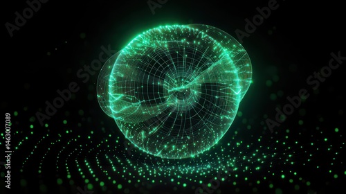 Glowing green digital wireframe model of a nautilus shell floating above a dotted grid against a black background, representing futuristic technology and data visualization