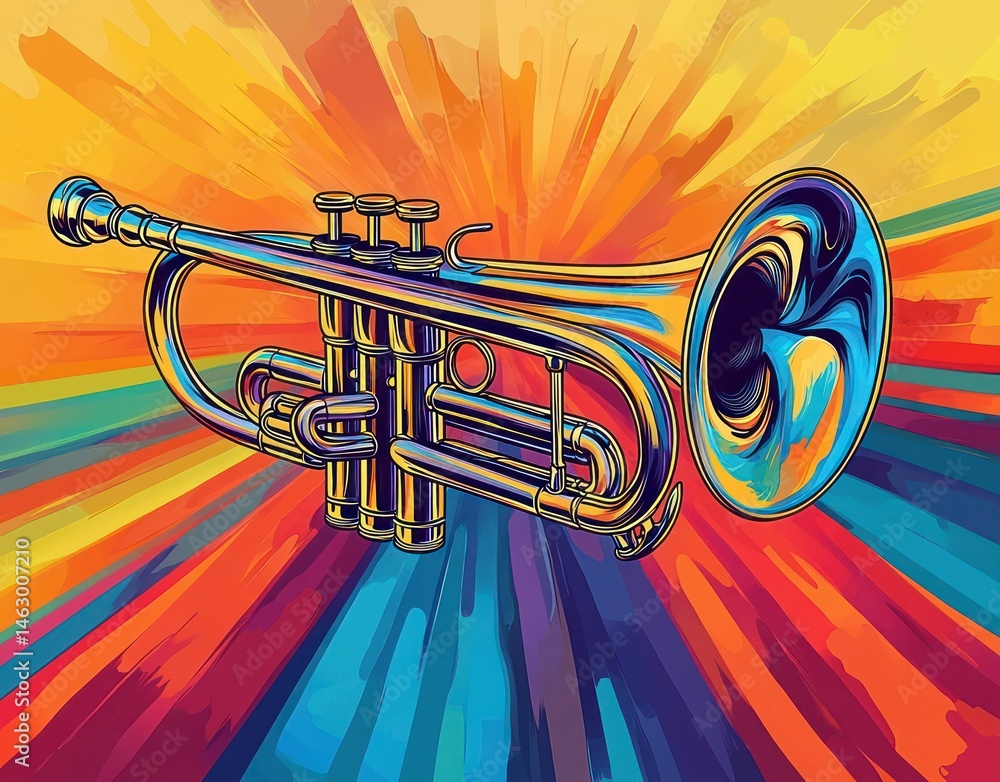 Colorful stylized illustration of a shiny trumpet with vibrant radiating background in warm and cool tones conveying dynamic energy
