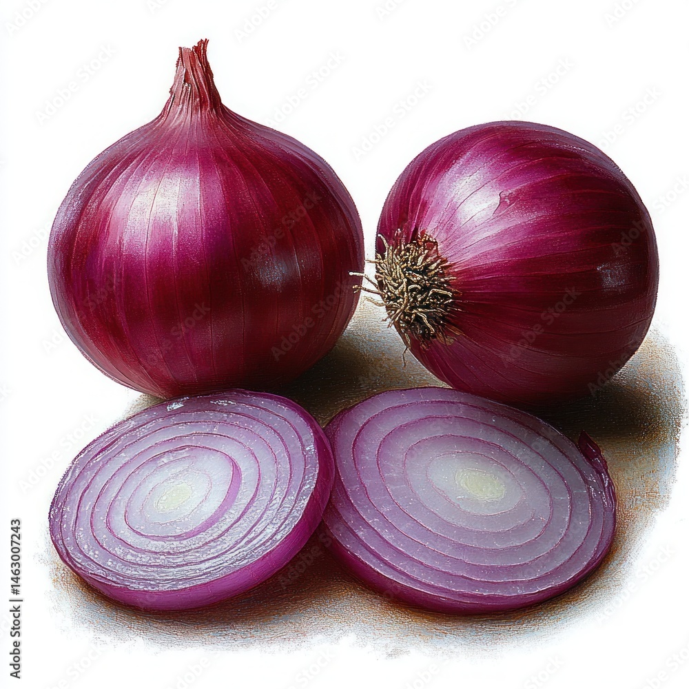 Two whole red onions and two round slices of red onion showing light purple concentric layers on a white background