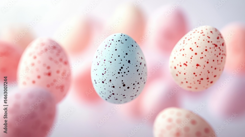 Close-up of smooth, speckled eggs in soft pastel colors floating against a blurred background, evoking a gentle and calm atmosphere