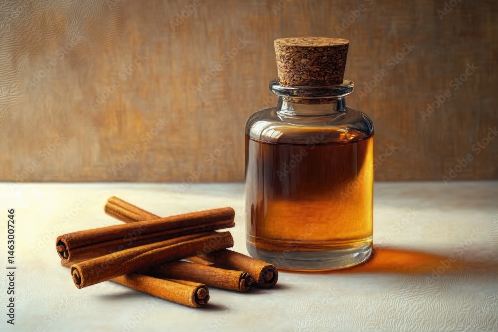 Glass bottle with cork stopper filled with amber liquid beside several cinnamon sticks on a light surface against a warm brown background