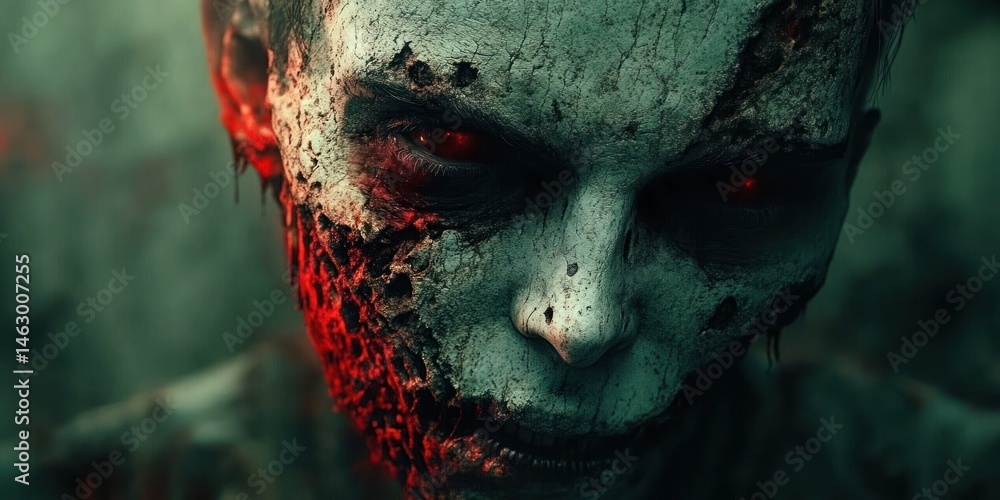 Close-up of a decayed zombie-like face with cracked, pale skin and glowing red eyes emitting an eerie and menacing atmosphere