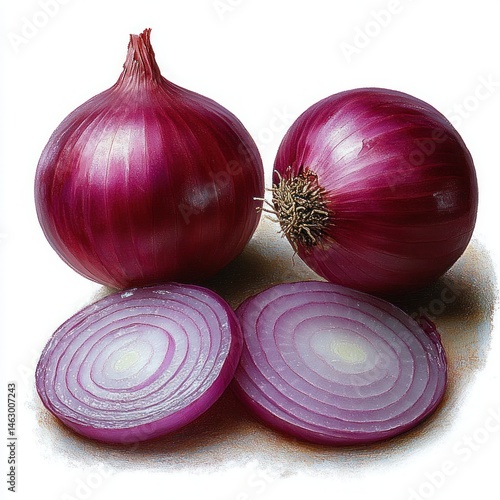 Obraz na płótnie Two whole red onions and two round slices of red onion showing light purple concentric layers on a white background w salonie