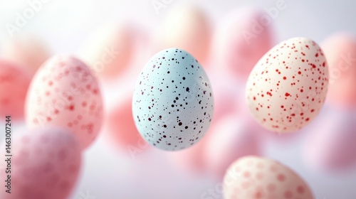 Obraz na płótnie Close-up of smooth, speckled eggs in soft pastel colors floating against a blurred background, evoking a gentle and calm atmosphere w salonie