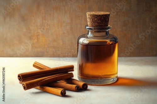 Obraz na płótnie Glass bottle with cork stopper filled with amber liquid beside several cinnamon sticks on a light surface against a warm brown background w salonie