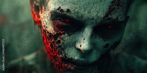 Obraz na płótnie Close-up of a decayed zombie-like face with cracked, pale skin and glowing red eyes emitting an eerie and menacing atmosphere w salonie