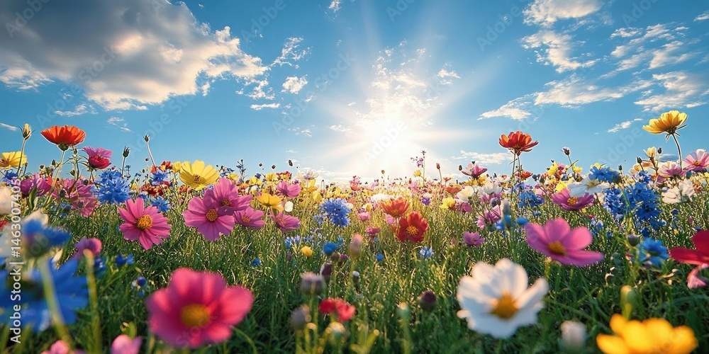 Bright colorful wildflower meadow under a radiant sunlit sky with scattered clouds creating a peaceful and vibrant spring atmosphere