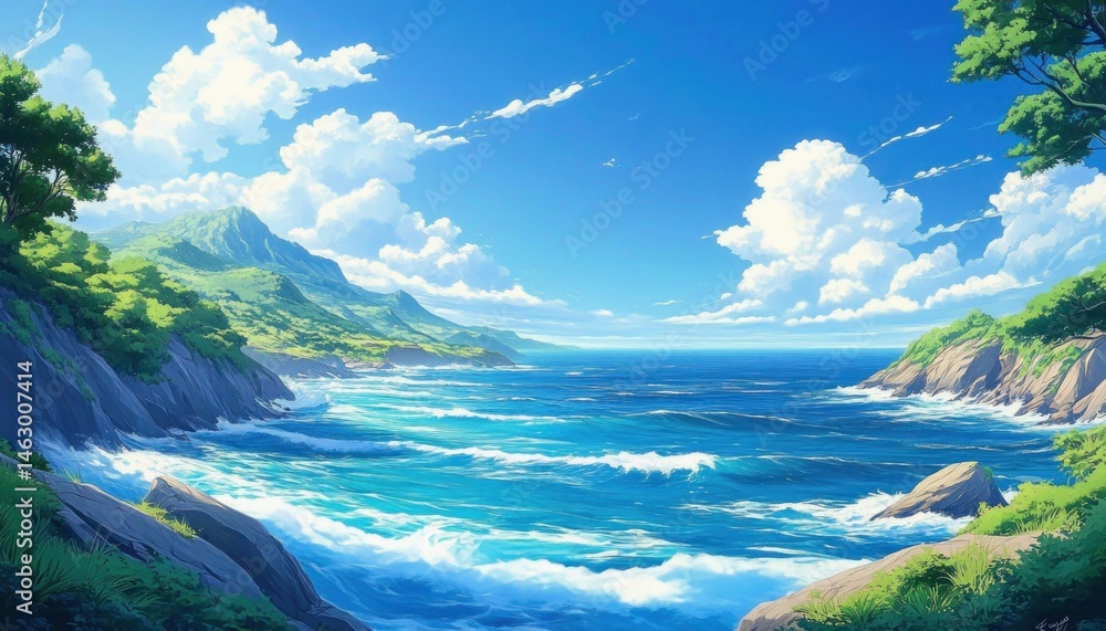 Bright sunny day at a vibrant coastal landscape with clear blue ocean waves crashing against rocky shores and lush green hills beneath a sky dotted with fluffy clouds