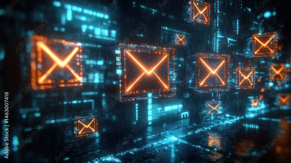 Glowing digital envelopes floating in a futuristic blue and orange cyber environment representing email communication and data exchange