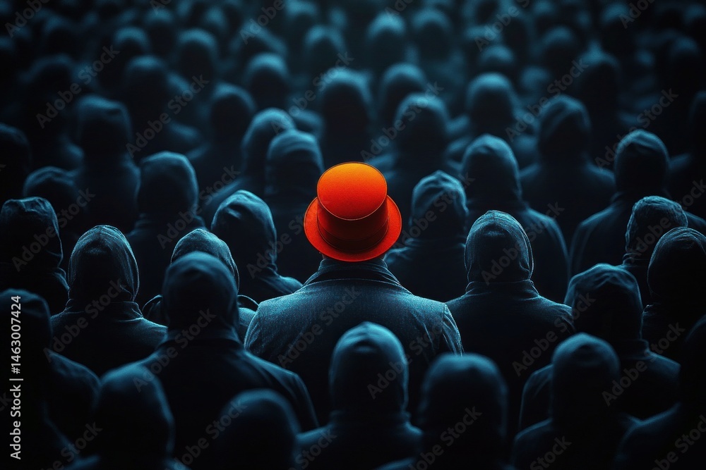 Crowd of people wearing dark hooded clothing with one individual standing out wearing a bright red hat facing away from the camera conveying contrast and individuality