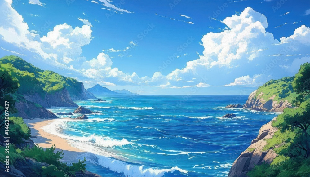 Bright sunny day over a vibrant blue ocean with white waves crashing on a sandy beach surrounded by green hills and rocky cliffs under a partly cloudy sky
