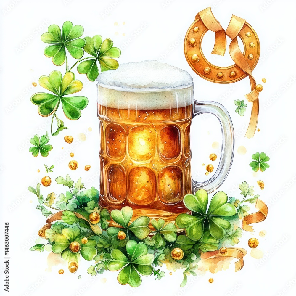 A frothy mug of golden beer surrounded by green four-leaf clovers, golden coins, a golden horseshoe, and festive ribbons, evoking good luck and celebration