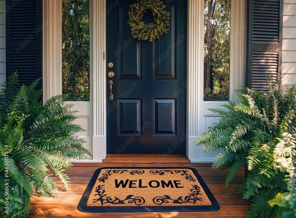 welcoming front porch with black door, green wreath, glass sidelights, wooden floor, two large ferns, and a welcome mat with a decorative border