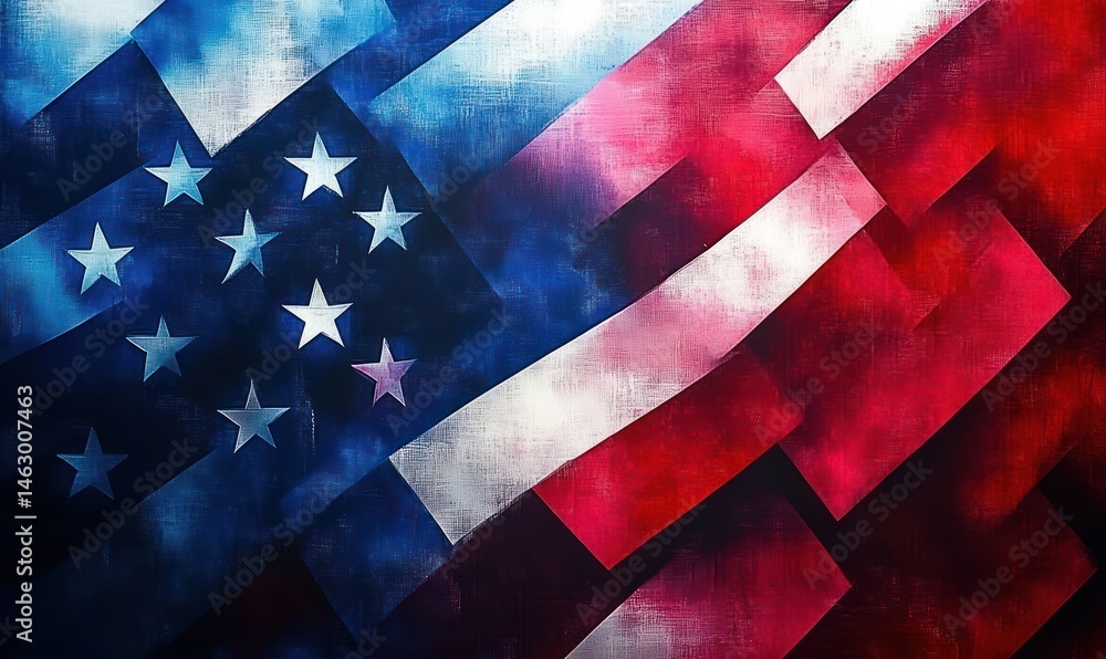 Abstract digital artwork of a fragmented American flag with overlapping geometric shapes in red, white, and blue hues, conveying a sense of complexity and depth