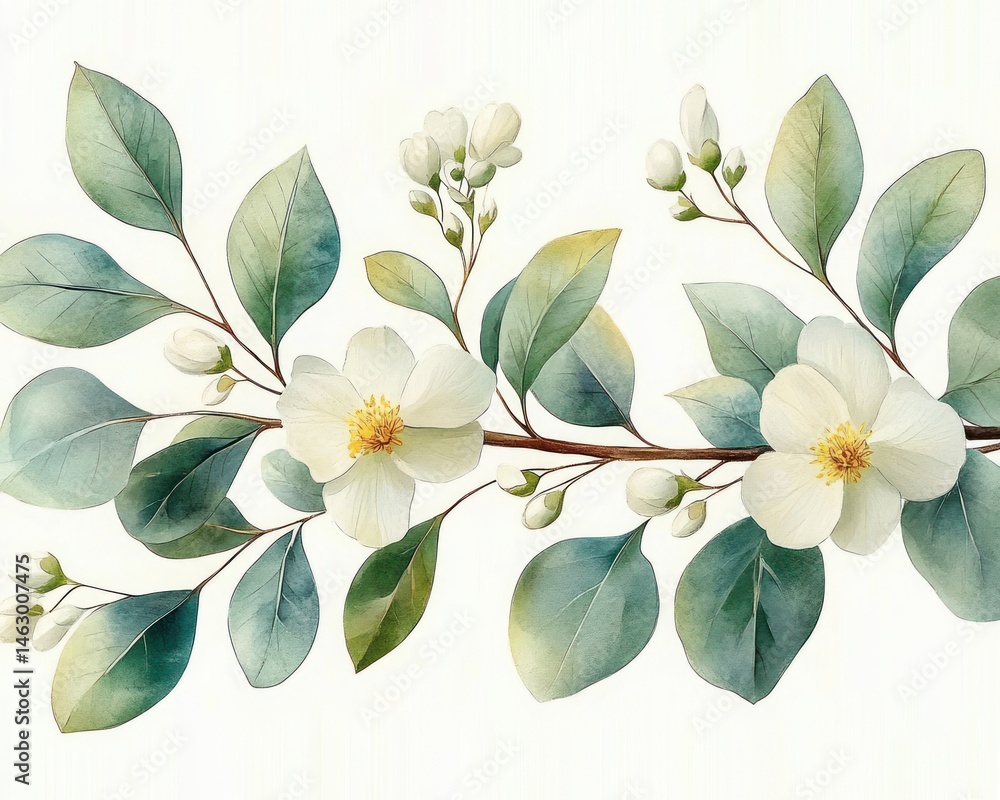 Delicate watercolor illustration of a branch with lush green leaves and blooming white flowers with yellow centers conveying freshness and tranquility