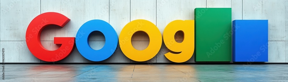 Large colorful letters spelling partial word on concrete wall with two rectangular bars representing data or progress