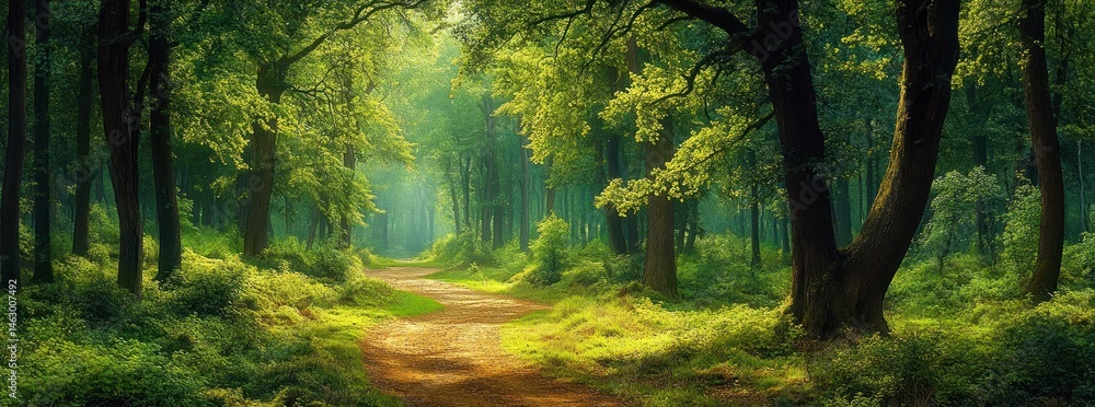 Serene forest path winding through lush green trees bathed in soft sunlight creating a peaceful and inviting atmosphere