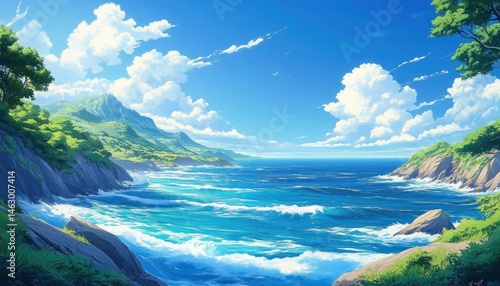 Obraz na płótnie Bright sunny day at a vibrant coastal landscape with clear blue ocean waves crashing against rocky shores and lush green hills beneath a sky dotted with fluffy clouds w salonie