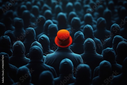 Obraz na płótnie Crowd of people wearing dark hooded clothing with one individual standing out wearing a bright red hat facing away from the camera conveying contrast and individuality w salonie