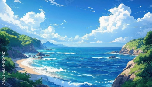 Obraz na płótnie Bright sunny day over a vibrant blue ocean with white waves crashing on a sandy beach surrounded by green hills and rocky cliffs under a partly cloudy sky w salonie