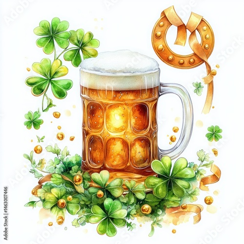 Obraz na płótnie A frothy mug of golden beer surrounded by green four-leaf clovers, golden coins, a golden horseshoe, and festive ribbons, evoking good luck and celebration w salonie