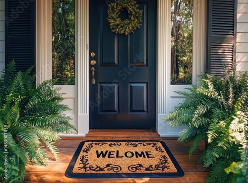 Obraz na płótnie welcoming front porch with black door, green wreath, glass sidelights, wooden floor, two large ferns, and a welcome mat with a decorative border w salonie