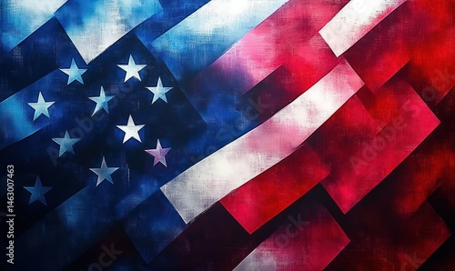 Obraz na płótnie Abstract digital artwork of a fragmented American flag with overlapping geometric shapes in red, white, and blue hues, conveying a sense of complexity and depth w salonie