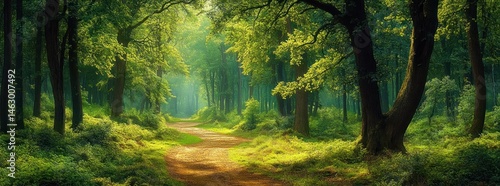 Obraz na płótnie Serene forest path winding through lush green trees bathed in soft sunlight creating a peaceful and inviting atmosphere w salonie