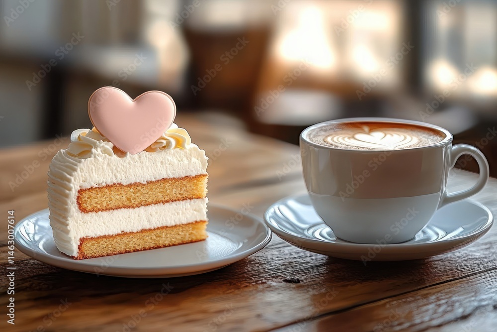 Slice of layered vanilla cake with whipped cream topping and heart-shaped decoration alongside a cup of cappuccino with heart-shaped latte art on a wooden table