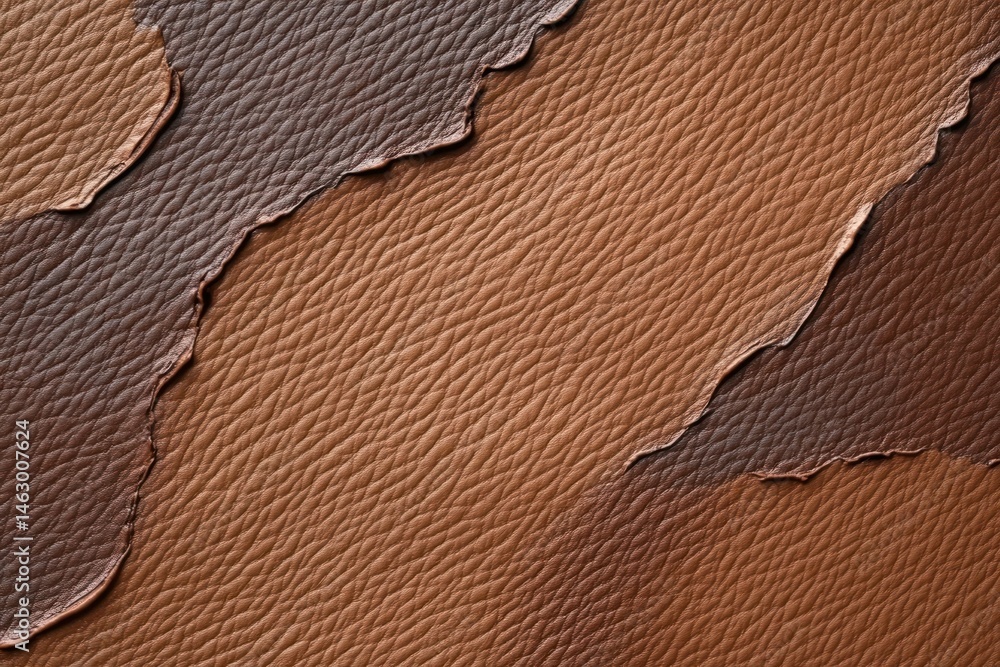 Close-up of layered torn leather pieces with different shades of brown and textured surfaces creating a rustic collage
