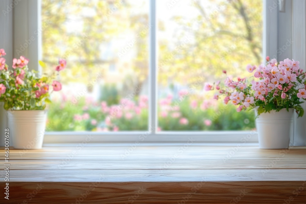Bright wooden table with two white pots of vibrant pink flowers on either side, sunlight streaming through a large window with a blurred garden view outside