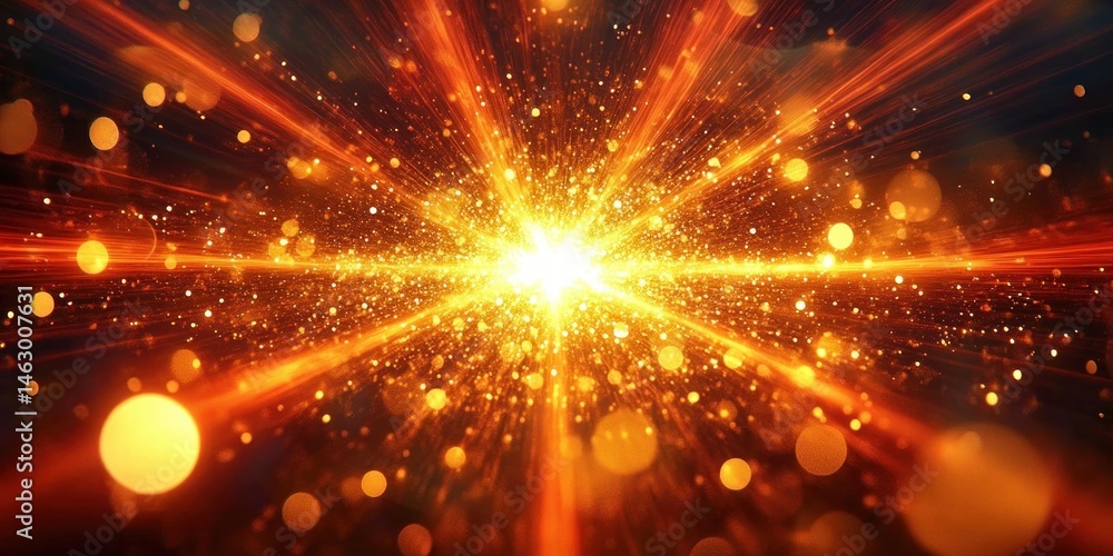 Bright golden explosion of light radiating beams and sparkling particles in a dark background, creating a vibrant and energetic atmosphere