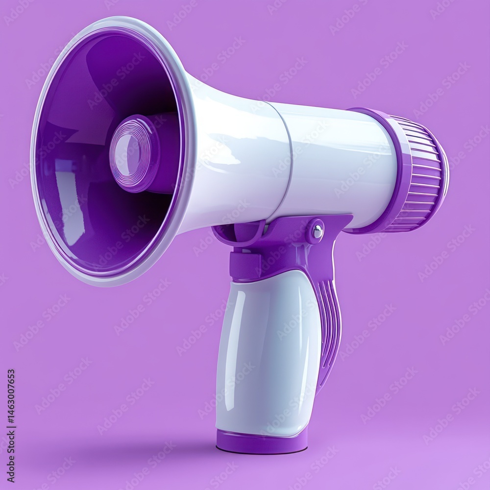 Close-up of a white and purple megaphone against a purple background conveying communication and announcement